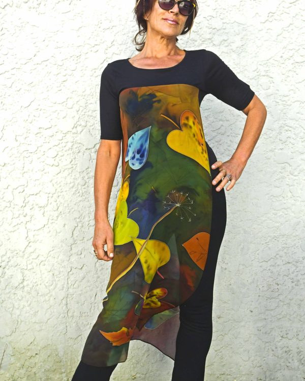 T-shirt with long silk chiffon handpainted panels autumn