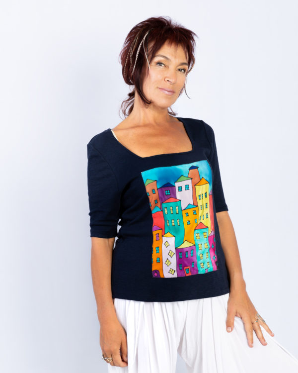 T-shirt with hand-pained panel, Houses