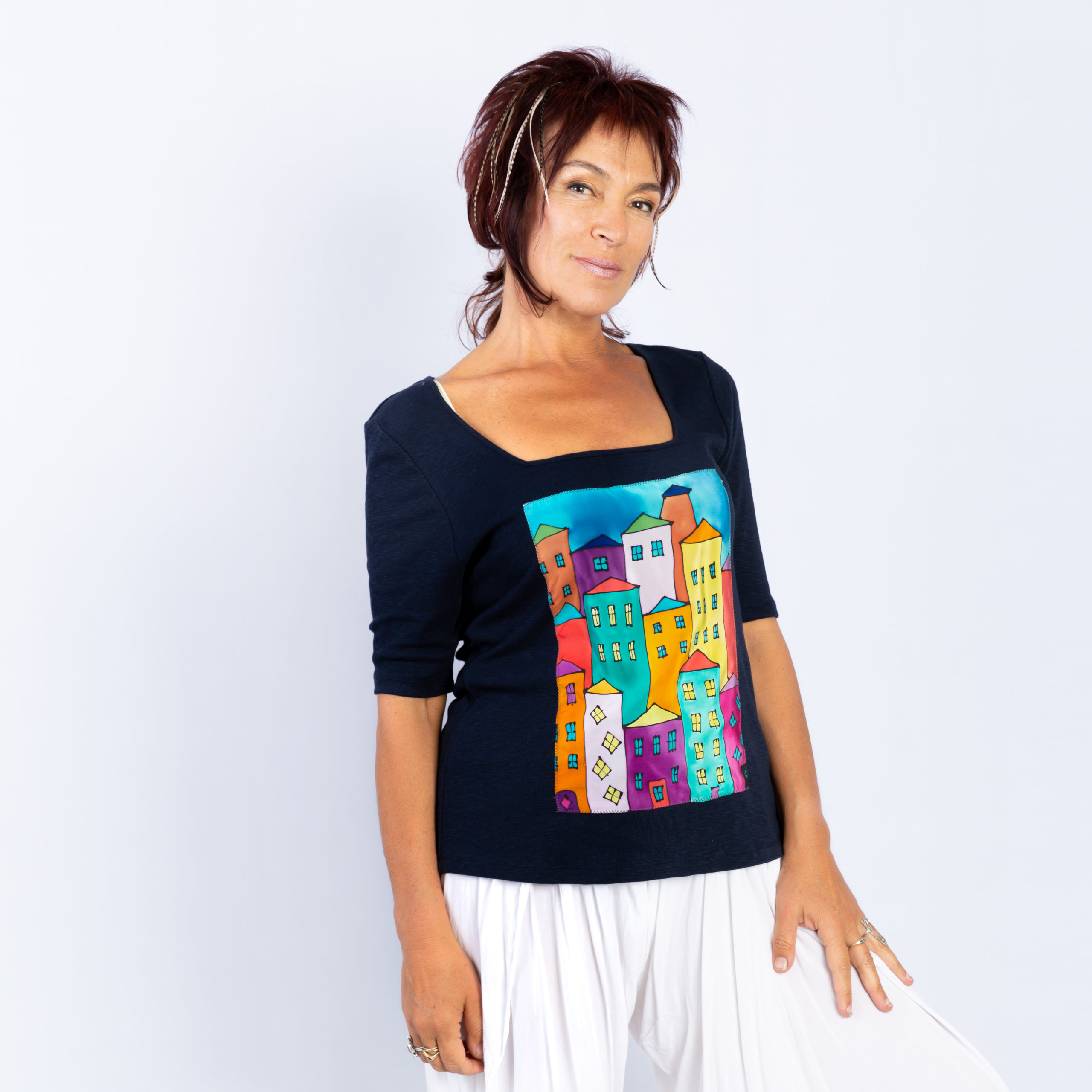 T-shirt with hand-pained panel, Houses