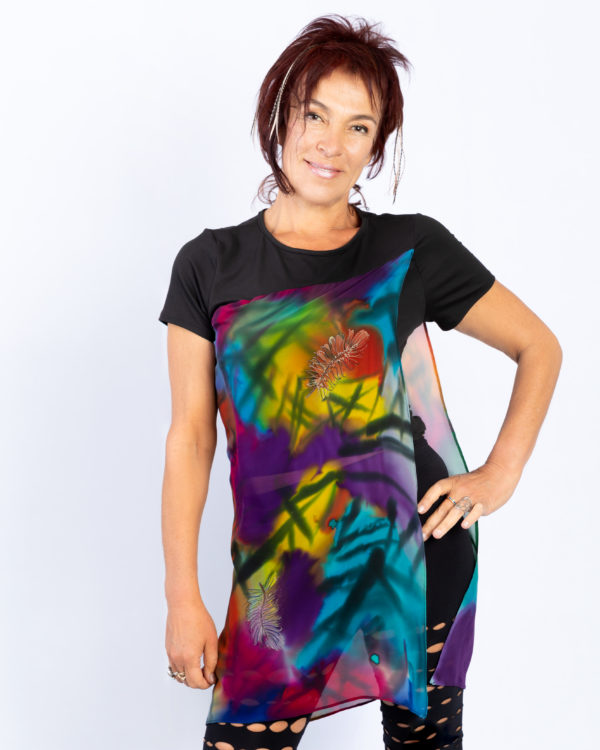 T-shirt with hand-painted panel, Feathers