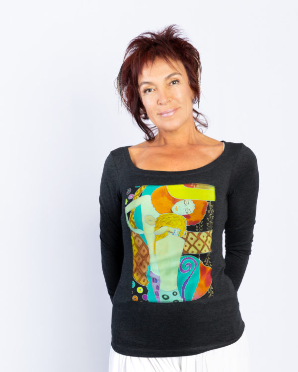 T-shirt with hand-painted panel, Klimt, Water Serpents
