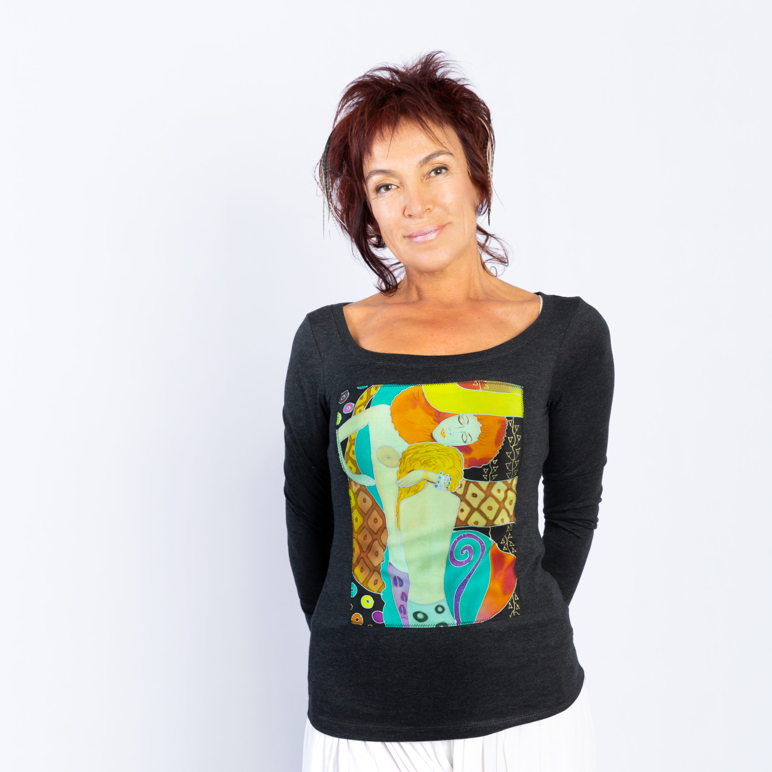 T-shirt with hand-painted panel, Klimt, Water Serpents