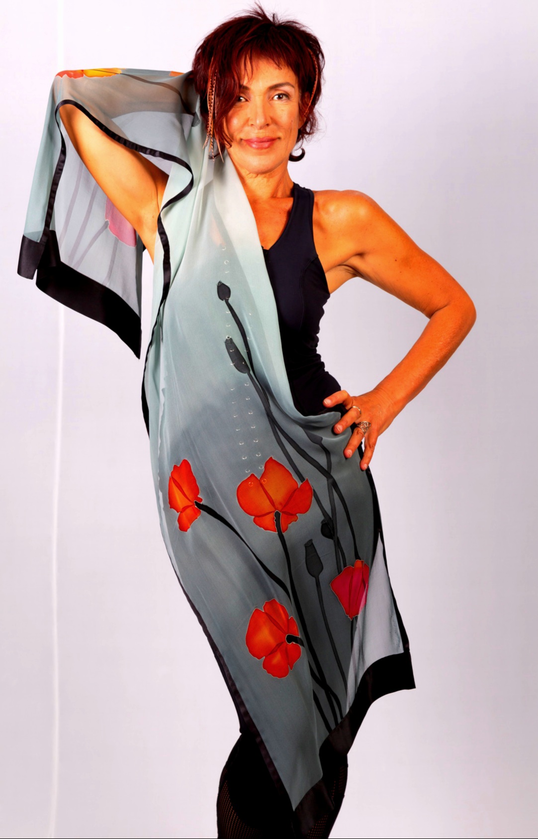 Hand-painted silk chiffon scarf with poppies