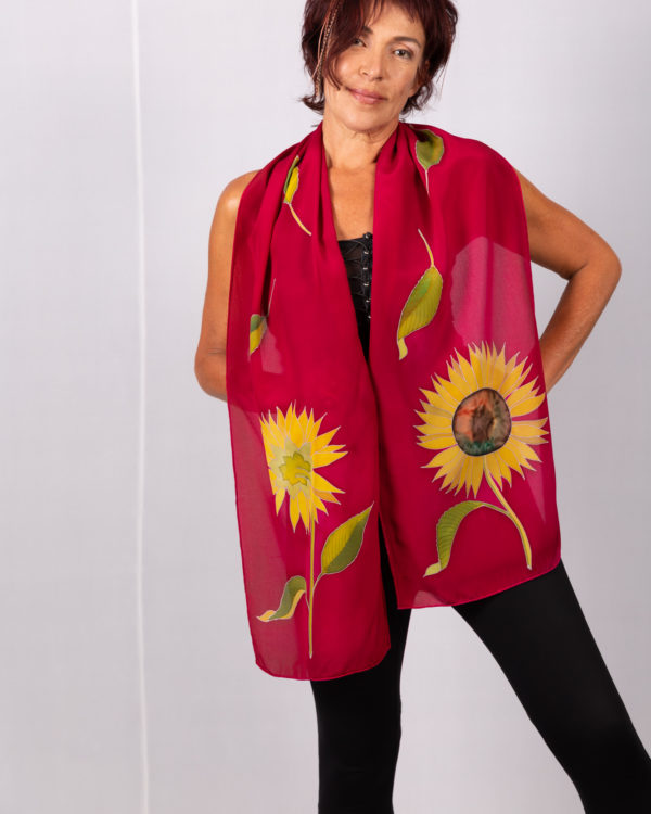 Silk crepe de chine scarf with sunflowers