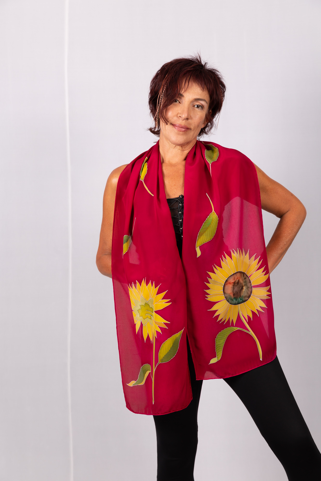 Silk crepe de chine scarf with sunflowers