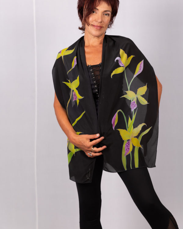 Silk crepe de chine scarf with yellow orchids