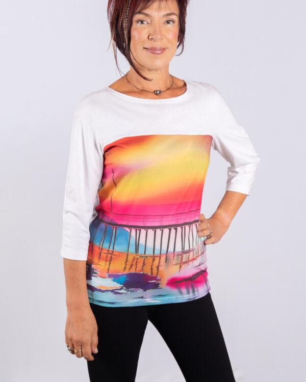 White  top with print of my painting on silk Capitola pier