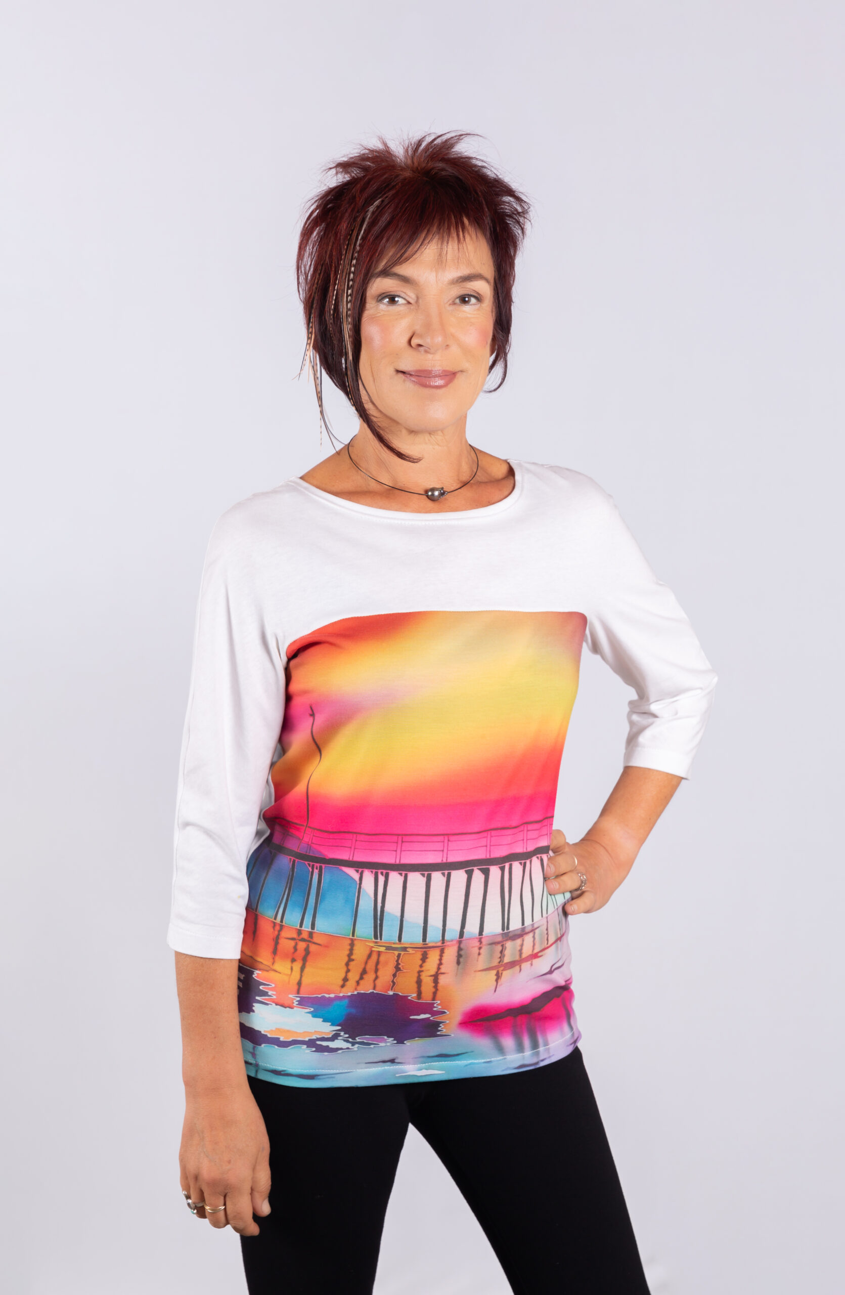 White  top with print of my painting on silk Capitola pier