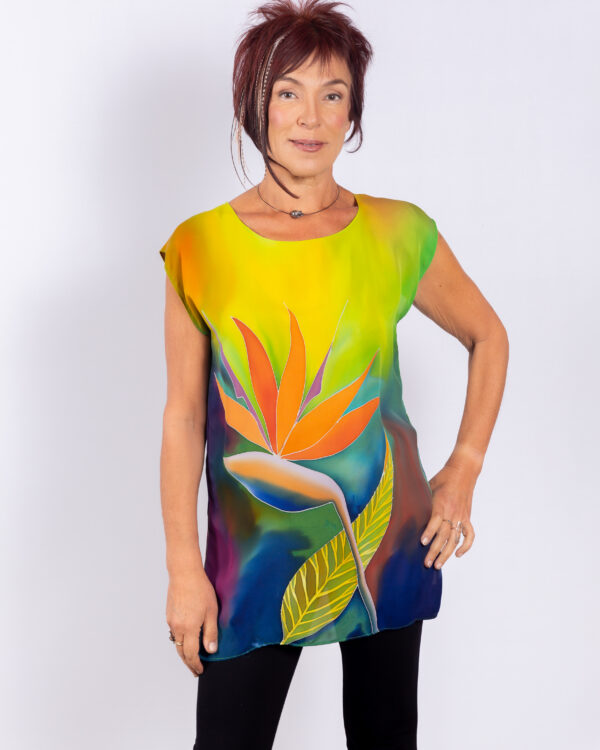 Top hand-painted on silk fancy crepe  georgette… Birds of Paradise