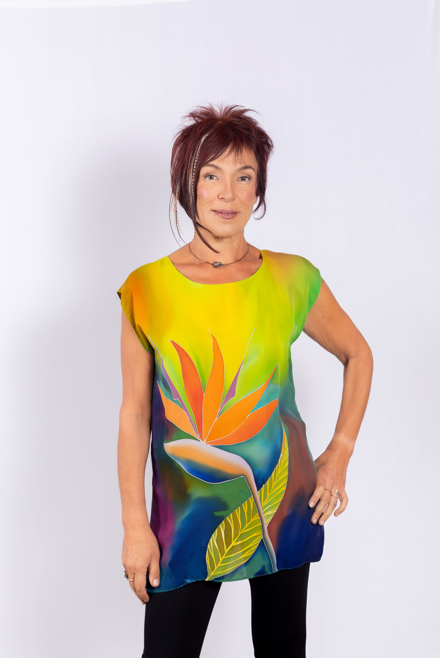 Top hand-painted on silk fancy crepe  georgette… Birds of Paradise