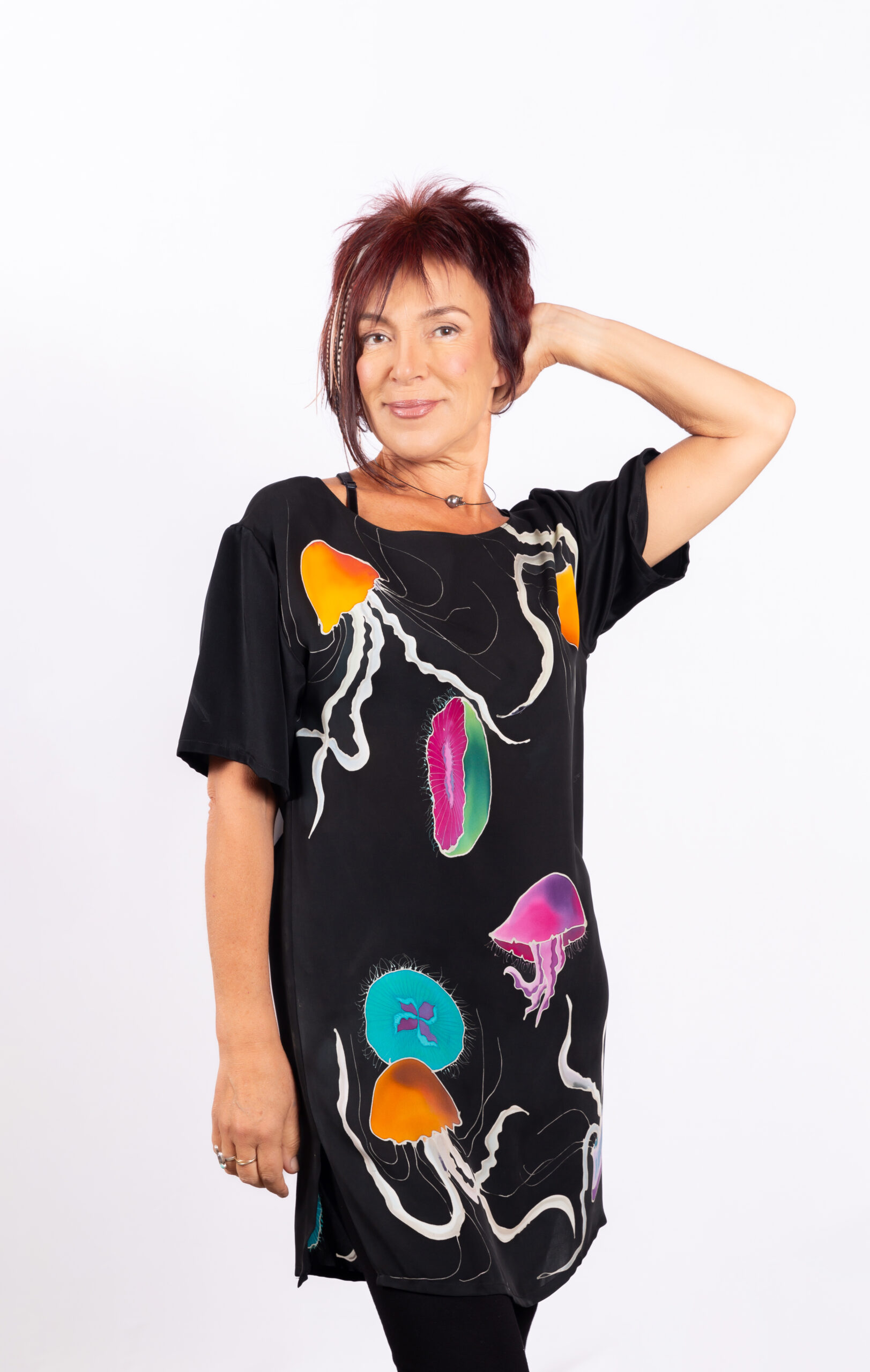 Top hand-painted on silk fancy crepe  georgette  ..Jelly fish..