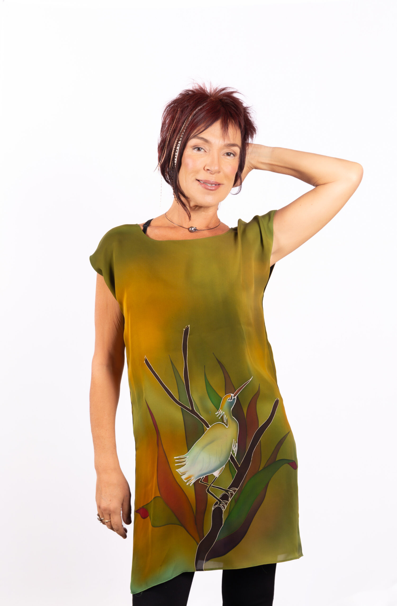 Top hand-painted on silk fancy crepe  georgette ..crane..
