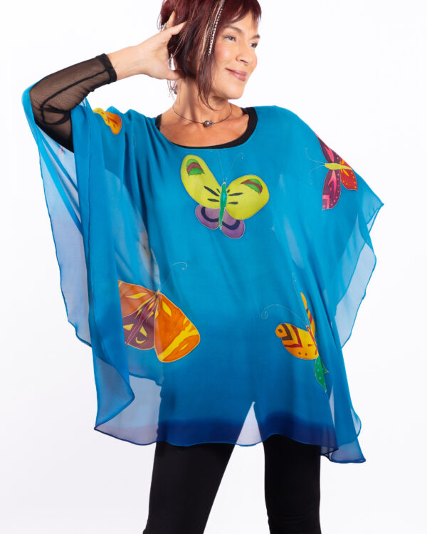 Poncho hand-painted on silk chiffon ..Butterflies..