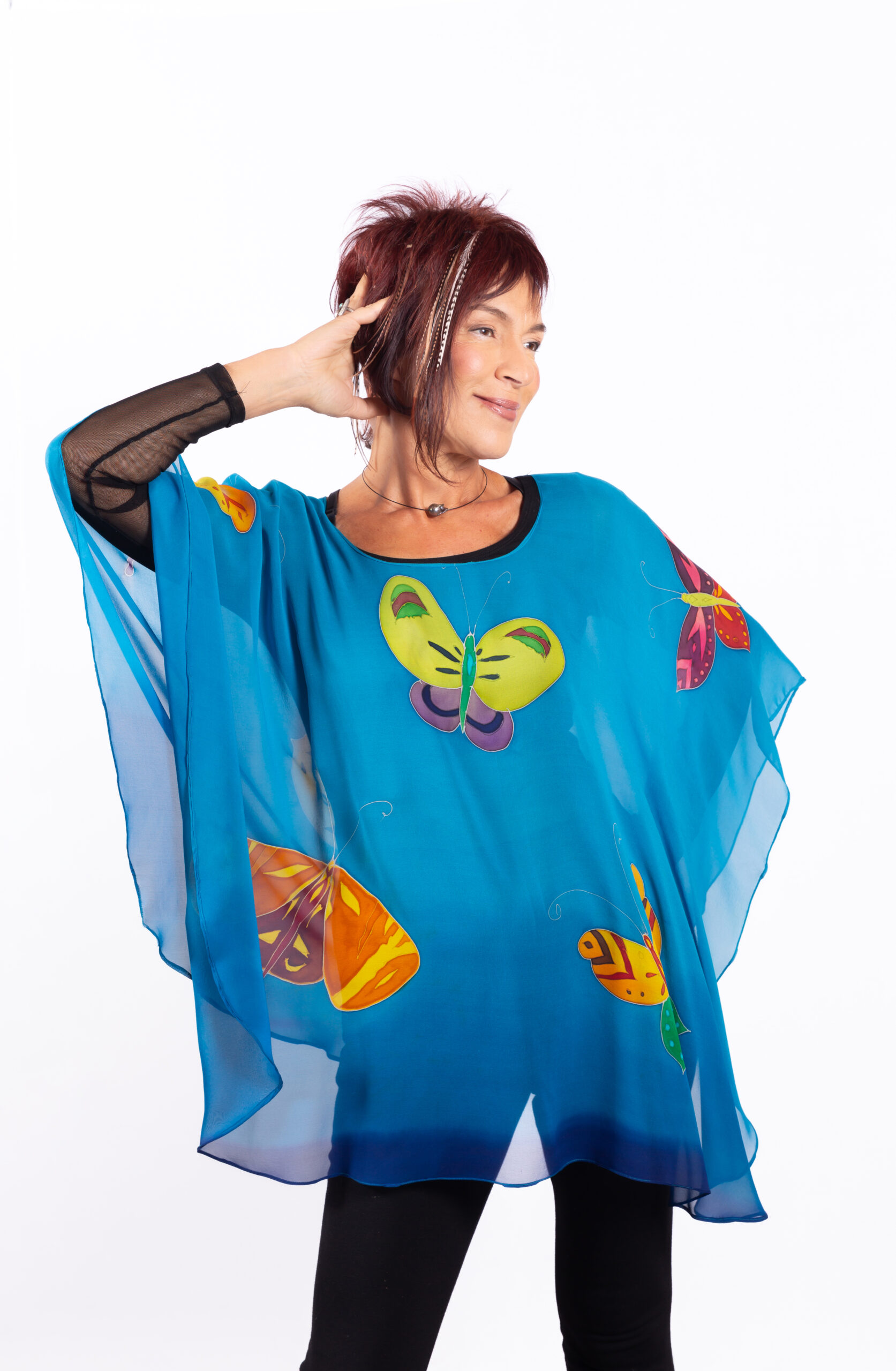 Poncho hand-painted on silk chiffon ..Butterflies..