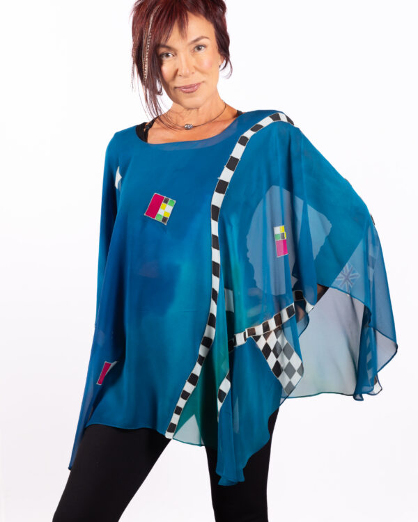 Poncho hand painted on silk chiffon ..blue red abstract 