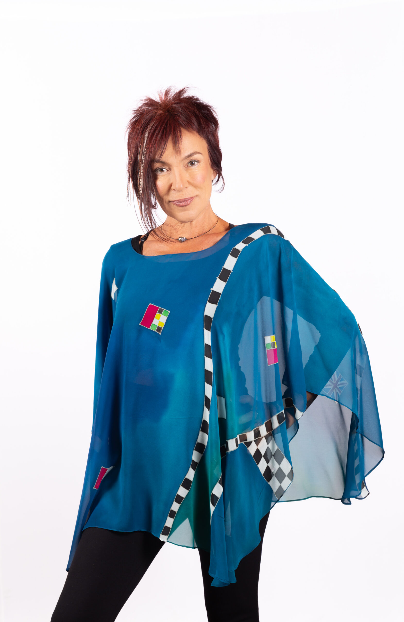 Poncho hand-painted on silk chiffon ..blue red abstract 