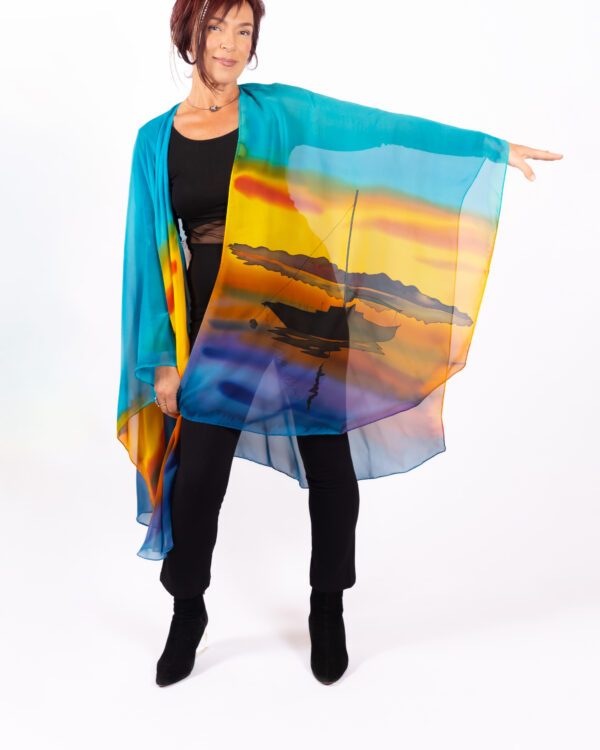 Cape hand-painted on silk chiffon  ..sunset in Morro Bay..