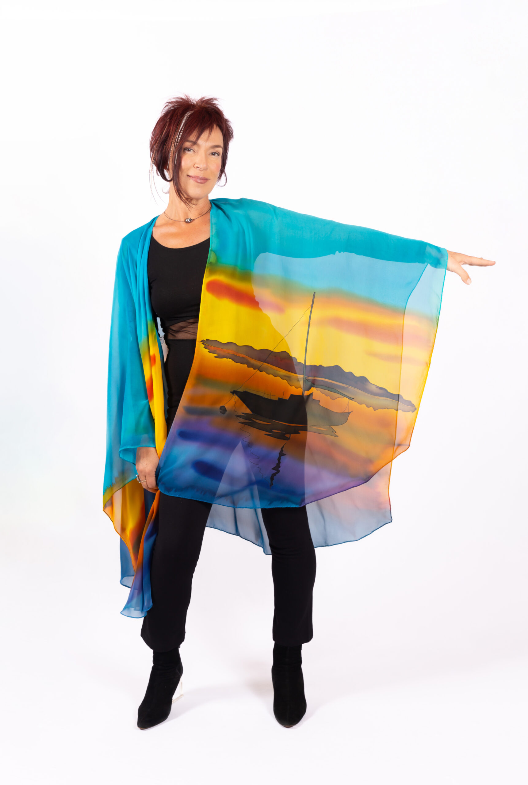Cape hand-painted on silk chiffon  ..sunset in Morro Bay..