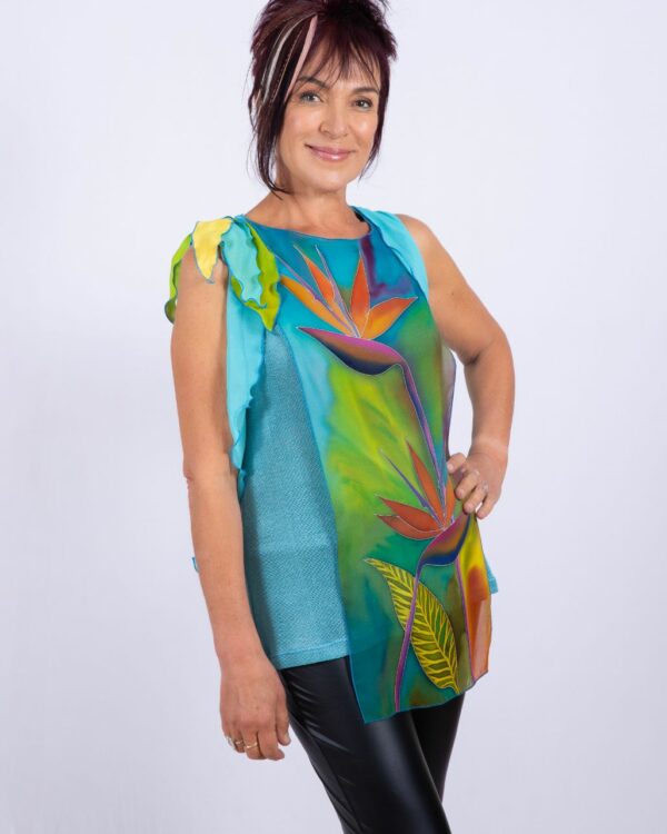 Blouse with hand-painted panel bird of paradise