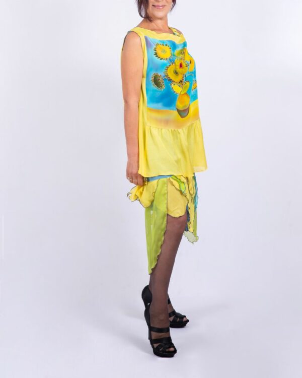 Dress with hand-painted silk panel sunflowers