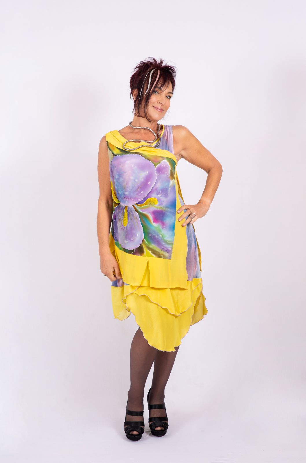 Dress with hand-painted silk panel Iris