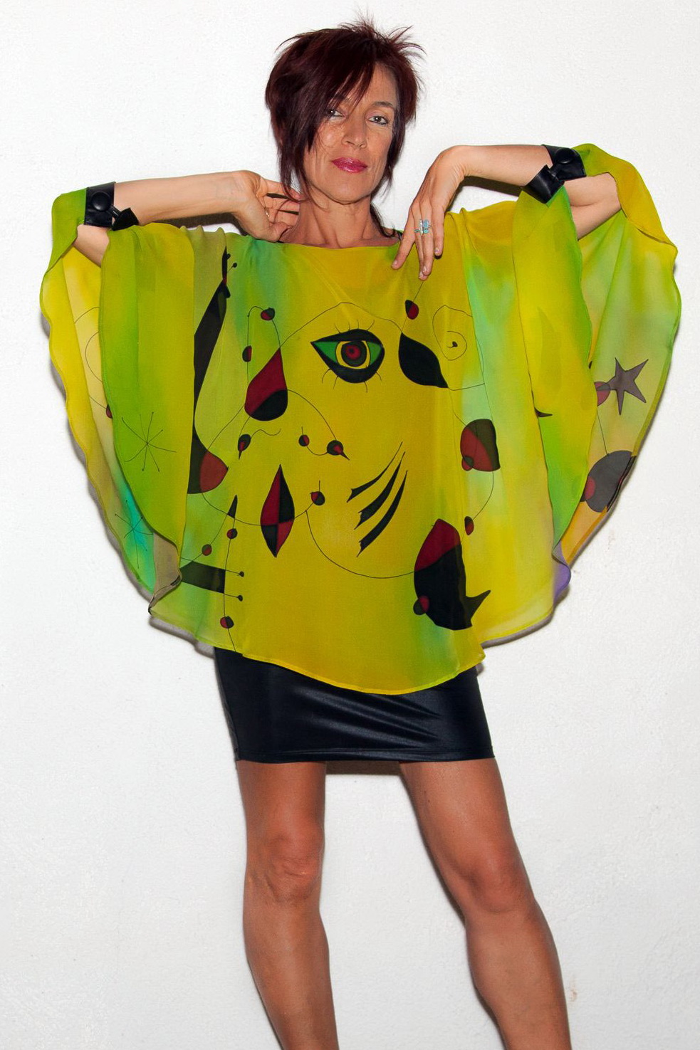 Lime miro poncho with Leather cuffs